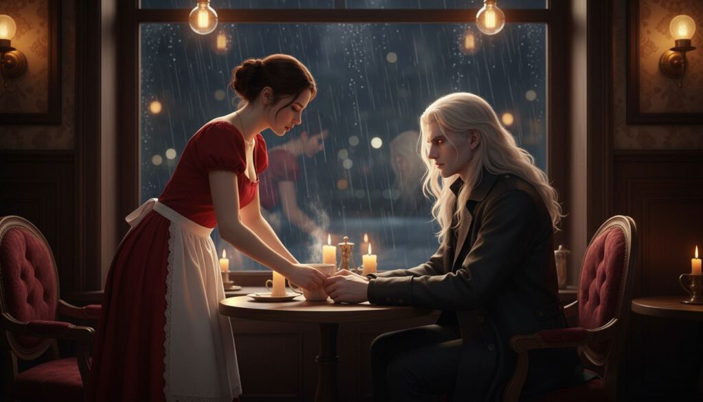 Kind Waitress and the Vampire King sitting in a rainy cafe