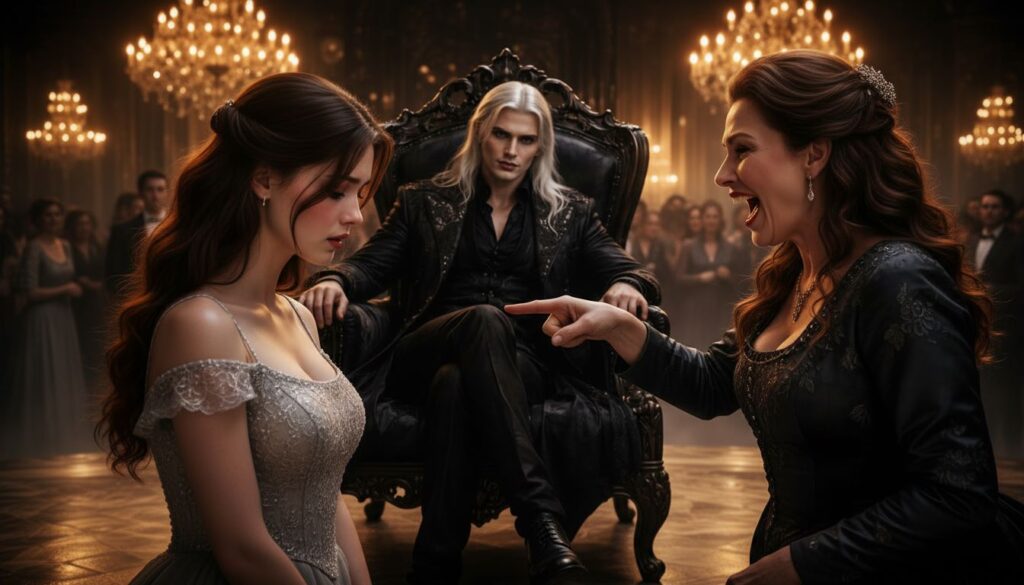 Vampire king crosses the ballroom to dance with a shy young woman while her sister glares