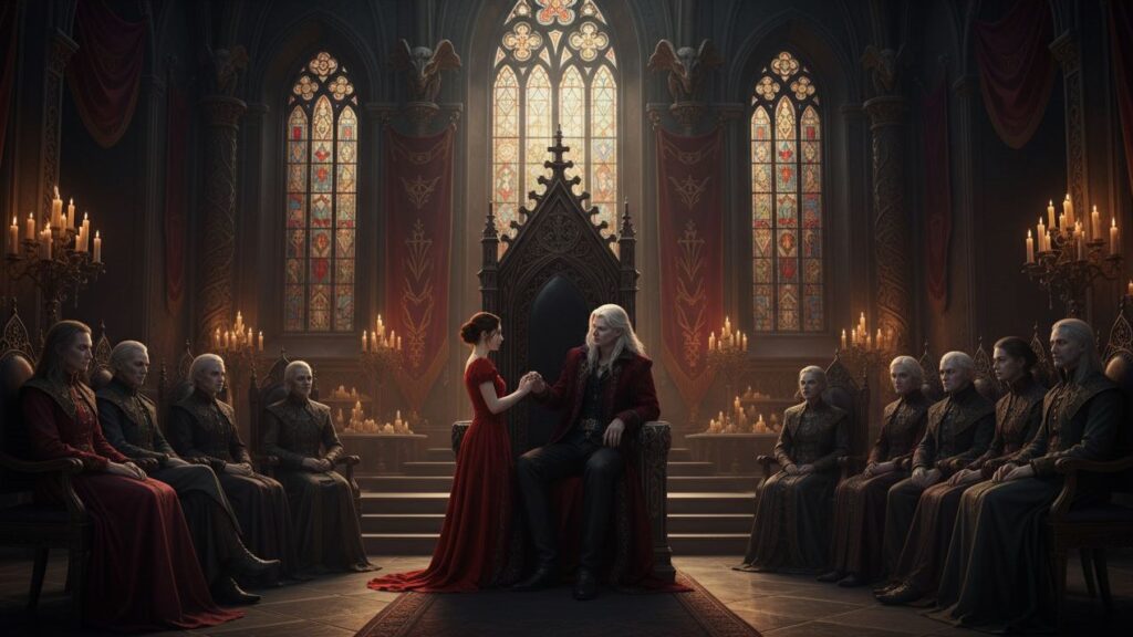 Kind Waitress and the Vampire King sitting in a rainy cafe